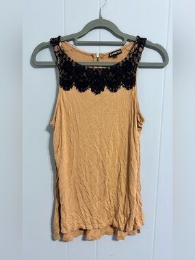 Express Tan Sleeveless Tank with Black Lace Yoke